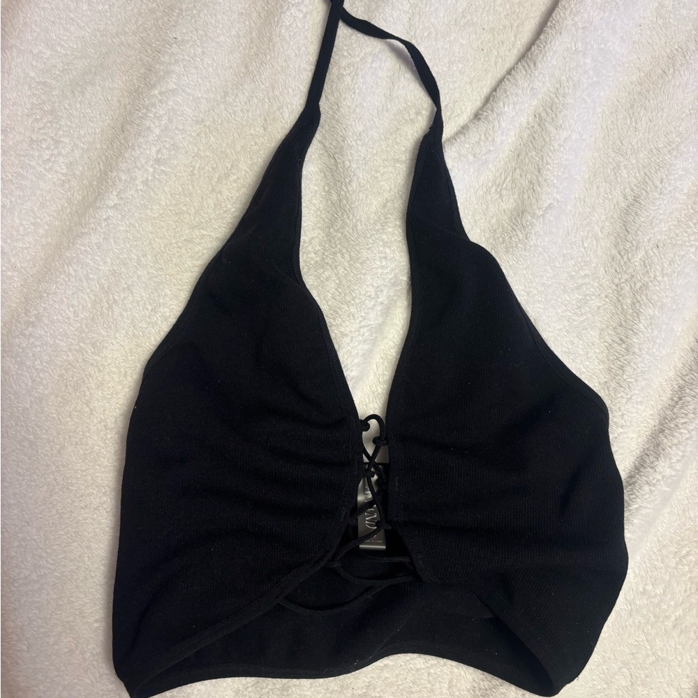 Black Halter Top with Lace-Up Detail